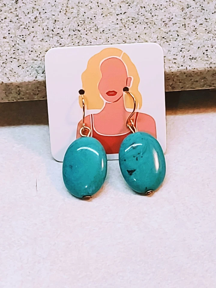 BRASS HOOK VINTAGE TURQUOISE SIMULATED STONE EARRINGS - Image 3 of 4