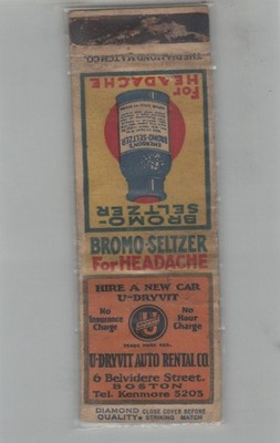1930s Matchbook Cover Bromo-Seltzer U-Dryvit Auto Rental Boston MA