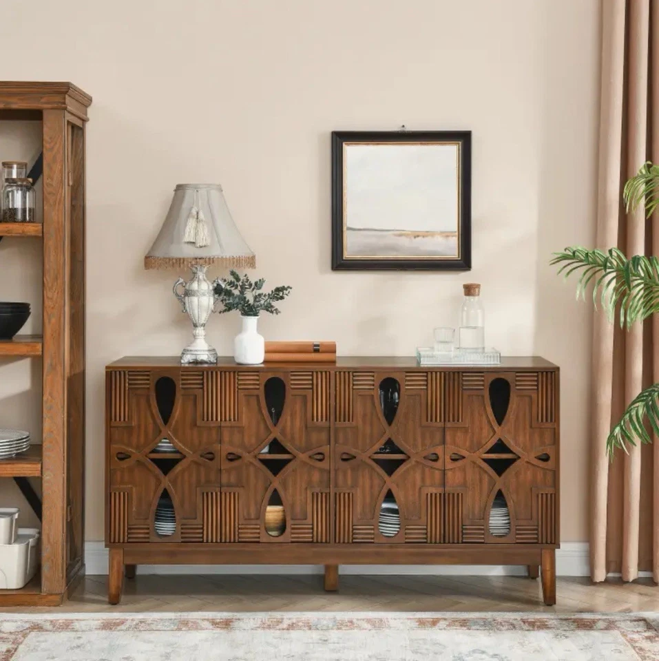 Aparador Mid-Century de madera dura de nogal|Buffet|Almacenamiento de 4 puertas|Estantes ajustables Foto 2 de 4