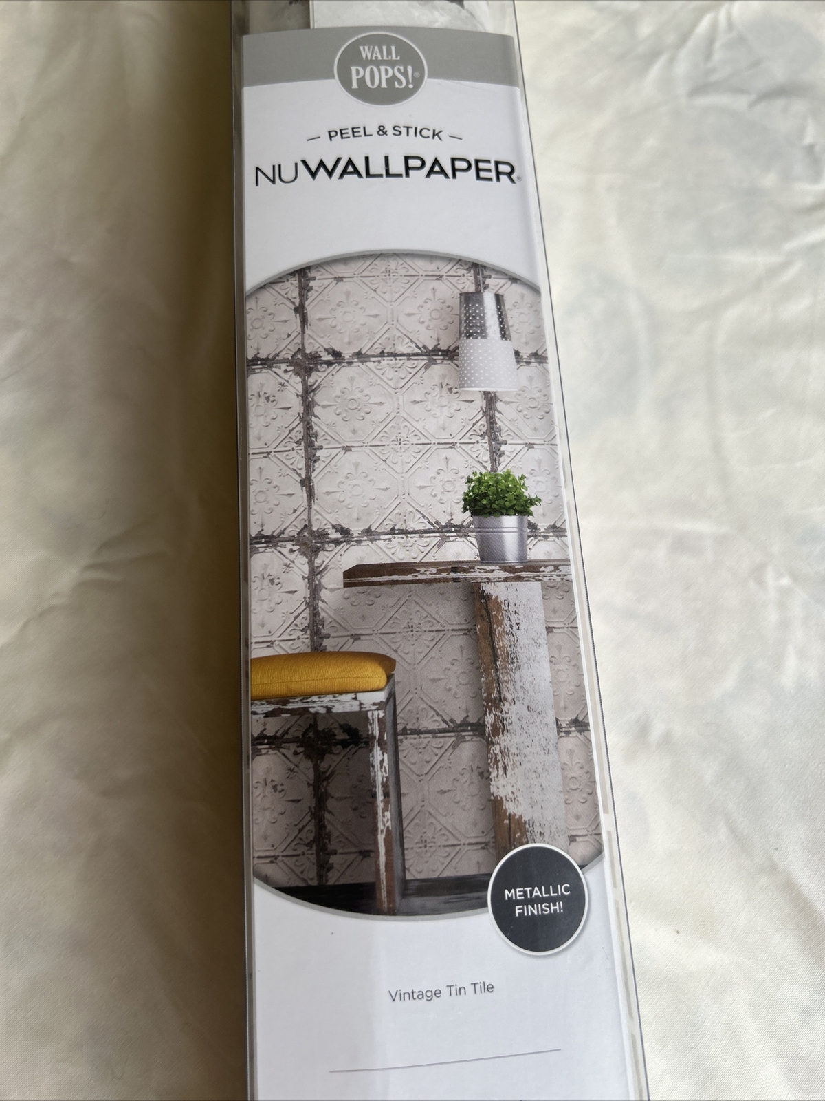 Wall Pops! NUWALLPAPER White Vintage Tin Tile Peel And Stick Wallpaper
