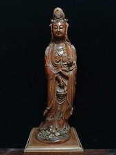 8.2" Chinese Antique Wooden Kwan Yin Statue Carved Boxwood Figure Sculpture