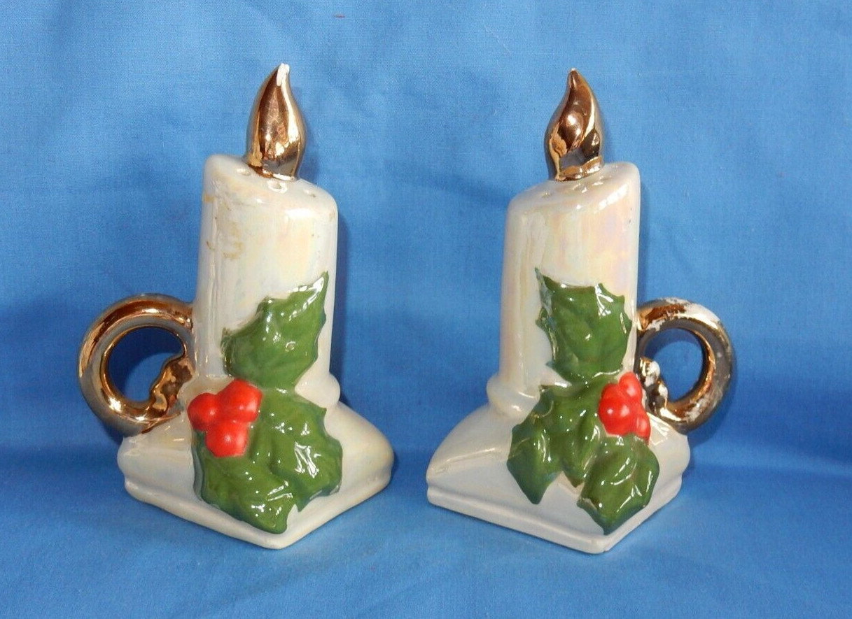 Ceramic Candles with Holly & Berries Salt & Pepper Shakers