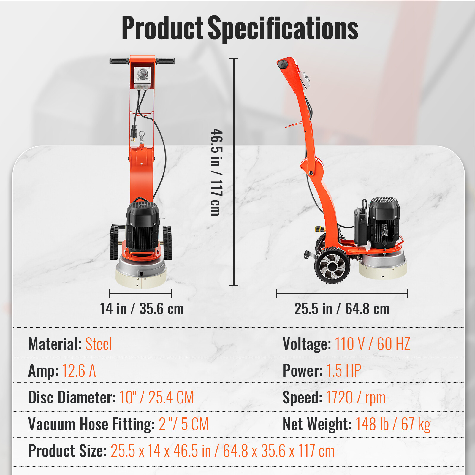 VEVOR Concrete Floor Grinder 10" WalkBehind Polisher 1.5HP Adjustable
