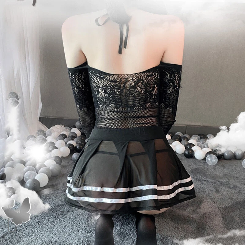 Abito donna trasparente scuola ragazza uniforme cosplay sexy lingerie club nightwear - Immagine 4 di 4