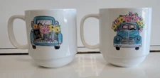 2 SHEFFIELD HOME STACKABLE COFFEE CUPS BLUE TRUCK WITH FLOWERS 4 INCHES 14 OZS