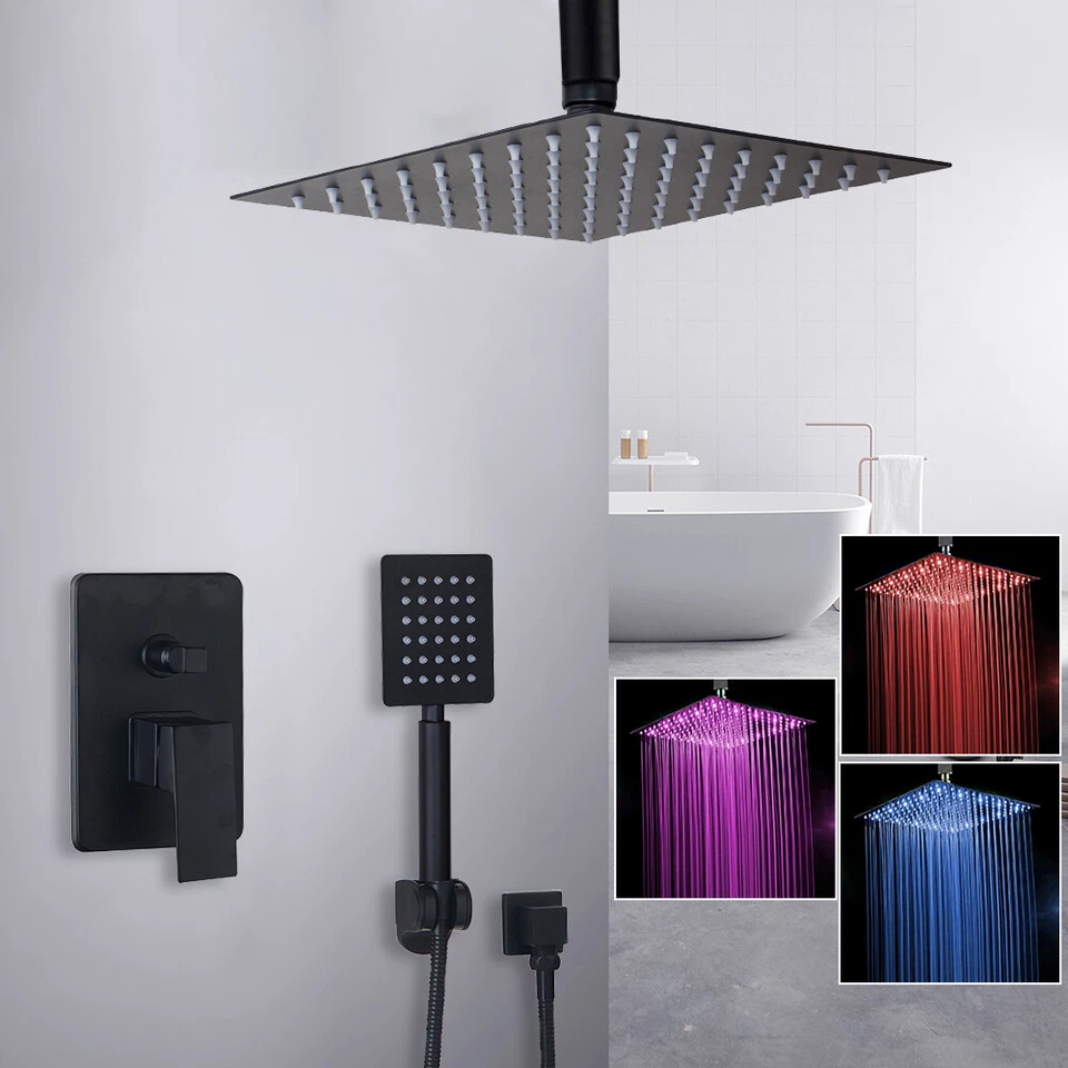 8"LED Rain Shower Faucet Set Square Head Mixer Control Valve Hand Held Spray Tap - Image 3 of 4