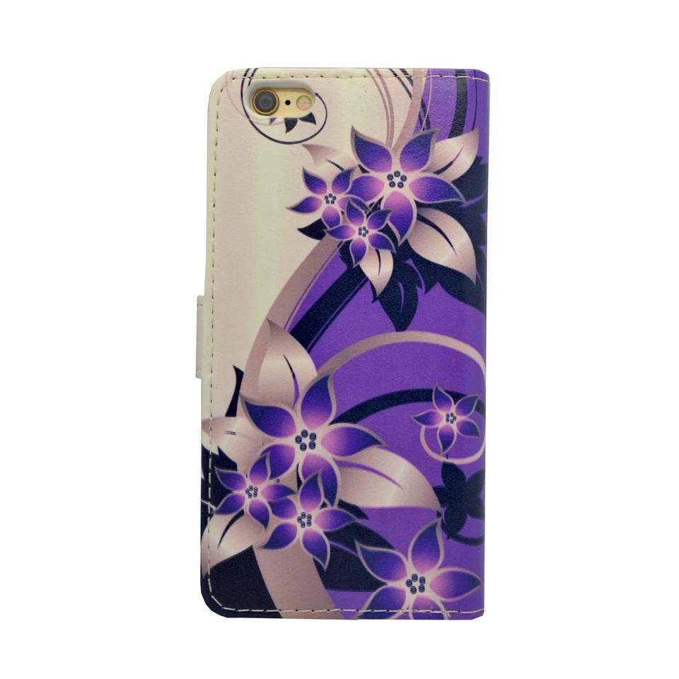 CASE FOR APPLE IPHONE 6 PLUS PURPLE CREAM FLOWER PRINT DESIGN PU LEATHER WALLET - Image 4 of 4