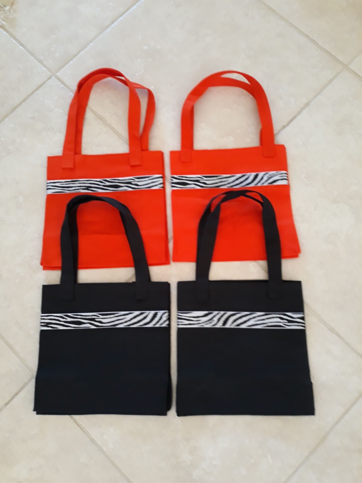Handmade Mid-Size Tote Bags with Zebra Trim - 2 Orange & 2 Black - Unique Design