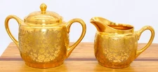 Gold Floral Sugar Bowl & Creamer Set – Elegant Vintage Lusterware Pair