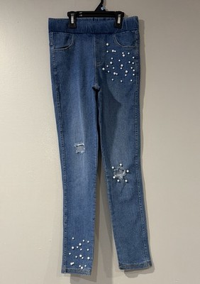 Girls Blue Denim Skinny Jeans with Pearl Accents and Distressed Details