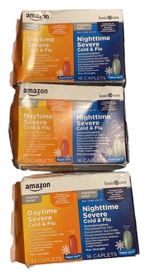 Daytime Nighttime Severe Cold & Flu Caplets Amazon Basics 32+16  Lot Of 3