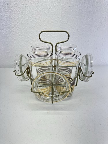Vintage 4 Glass Cocktail Set W Carrier & Coasters Gold Gilt Barware MCM