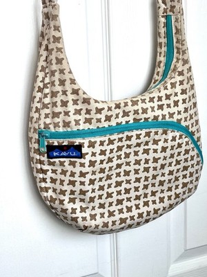KAVU Sydney Satchel Canvas Crossbody Bag Adjustable Strap Beige Turquoise Zipper