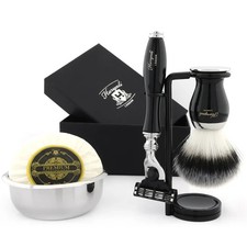 5PC Grooming Kit with Synthetic Silvertip Brush,3 Blade Razor, Stand Bowl  Soap
