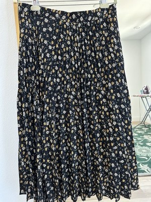 Max Studio Womens XL Black Yellow White Floral Pleated Midi Skirt Lined Pull On