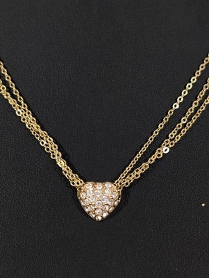 Gold Tone Triple Chain Rhinestone Pave heart Slide Charm Necklace 17.5 in
