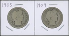 Lot of (2) Coins - 90% Silver Barber Half Dollars - 1905 & 1909