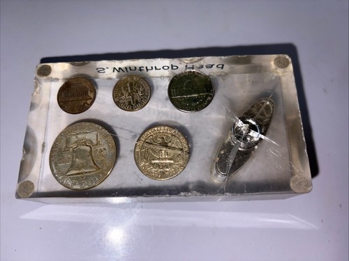 1952-1960 Coins in Lucite Paperweight As Pictured Silver Coins and A Lighter - Picture 5 of 6