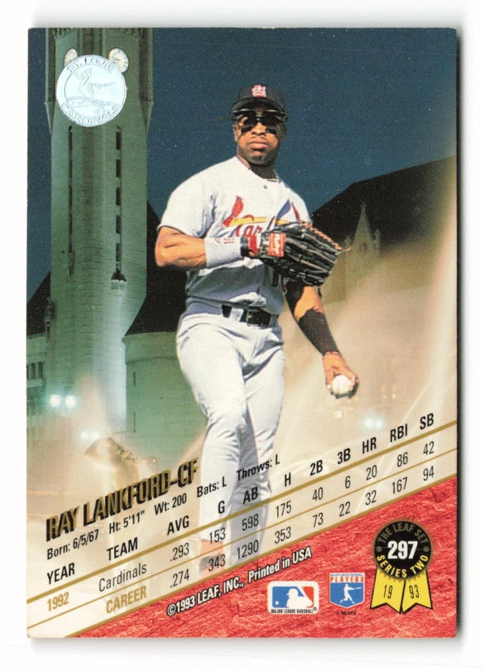 1993 Leaf #297 Ray Lankford St. Louis Cardinals - Image 2 of 2