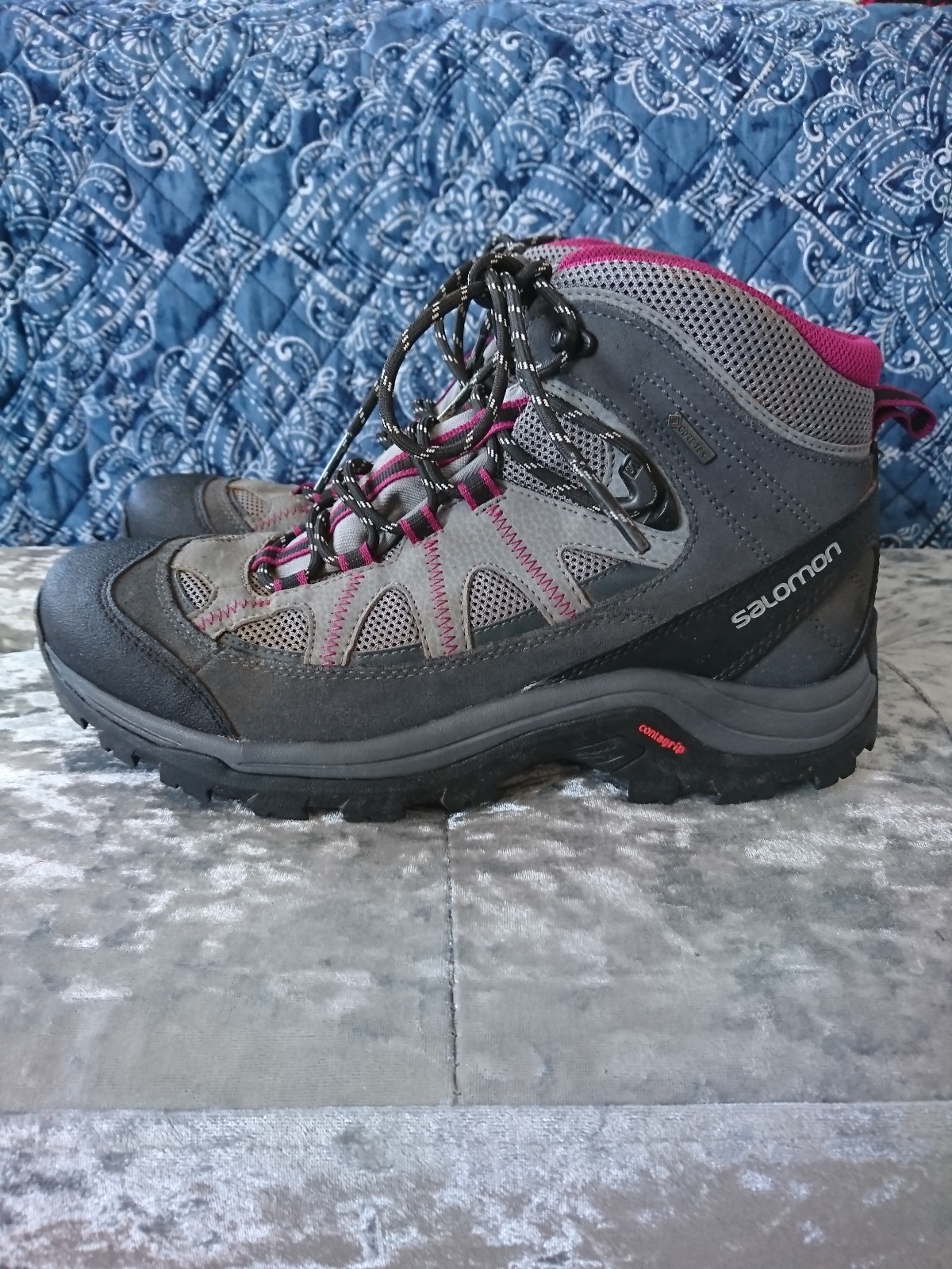 SALOMON GORETEX CONTAGRIP ORTHOLITE LINEA DONNA STIVALI DA PASSEGGIO ESCURSIONISMO UK 8 INDOSSATI DUE VOLTE