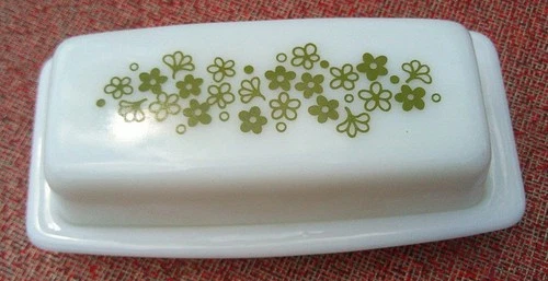 Pyrex Corelle Crazy Daisy Spring Blossom Butter Dish Vintage Green, 1/4 Pound