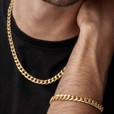Mens 2 Piece Stainless Steel Gold Colour Curb Chain Bracelet and Necklace Set
