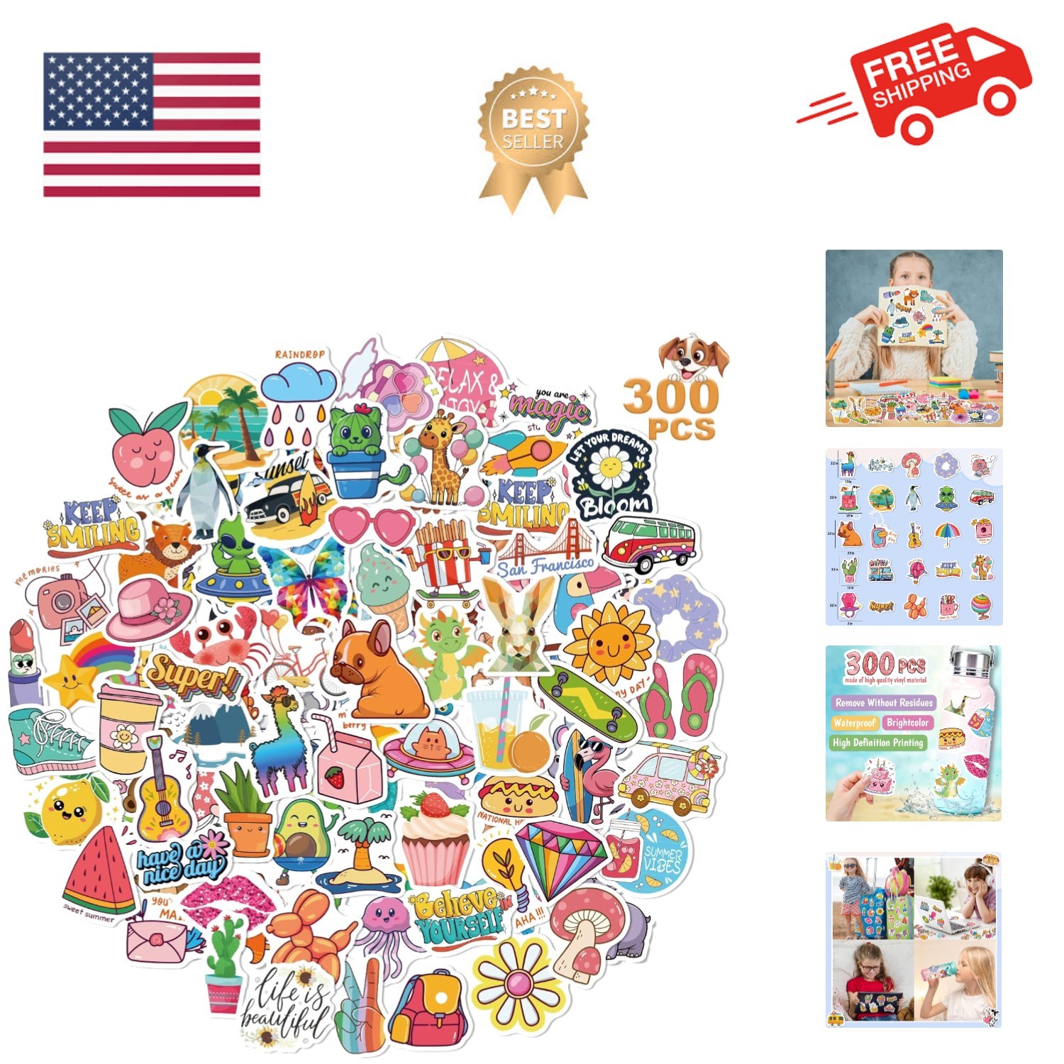 300 PCS Cute Stickers for Kids,Water Bottle Sticker Pack for
