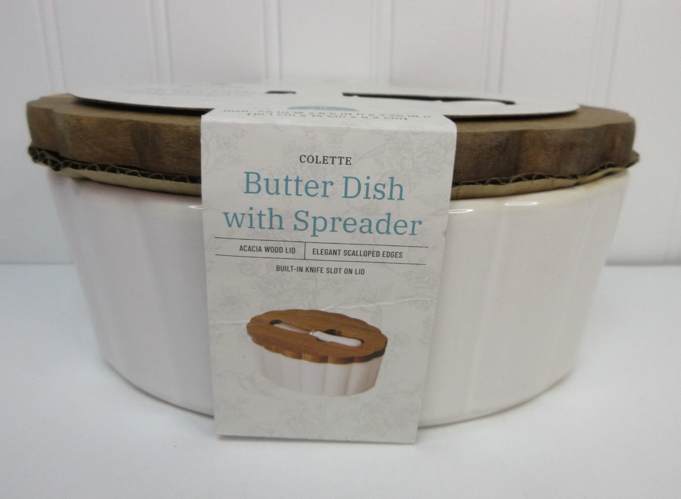 Pioneer Woman Colette Butter Dish with Spreader White Stoneware Acacia Wood Lid