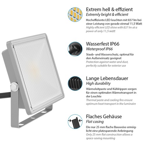 Projecteur de jardin à LED FLIN pour l'extérieur IP66 fiche grise 11,5 W 837lm - Photo 3/6