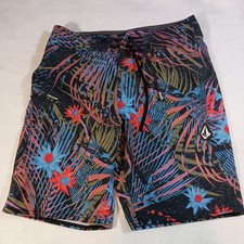 Volcom Boys Board Shorts Swim Trunks Sz 12/26 Drawstring Geometric Floral Print