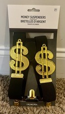 NEW Adult Size Novelty Halloween Costume Dollar Sign Suspenders. Black  Gold.