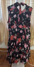 Disney Black Floral Fit & Flare Dress Keyhole Tie Neck Sleeveless Knee 16