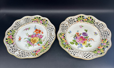 Dresden Germany Ovington Bros.  8.25  Reticulated Flowers Dinner Plates 2 Pc Set