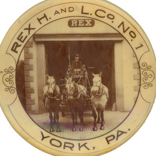 Antique Fire Fighting 1900s 3 HORSE Fire Wagon: REX H & L Co. YORK PA Pinback