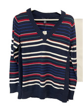 GAP Sweater Top NEW Blue Multi Striped V-Neck Semi Fitted NEW SZ XS, M