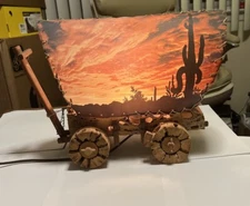 Vintage Western Wood Covered Wagon Lamp - Working!