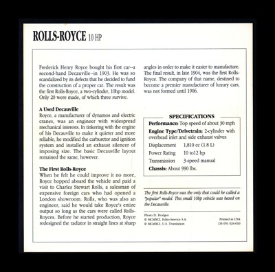 1904-1905 Rolls Royce 10HP ATLAS EDITION Classic Car Info Spec