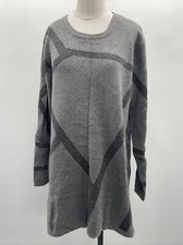 Women Long Sleeve Crew Neck Knit Black Grey Wool Mini Sweater Dress Sz O/S 8016