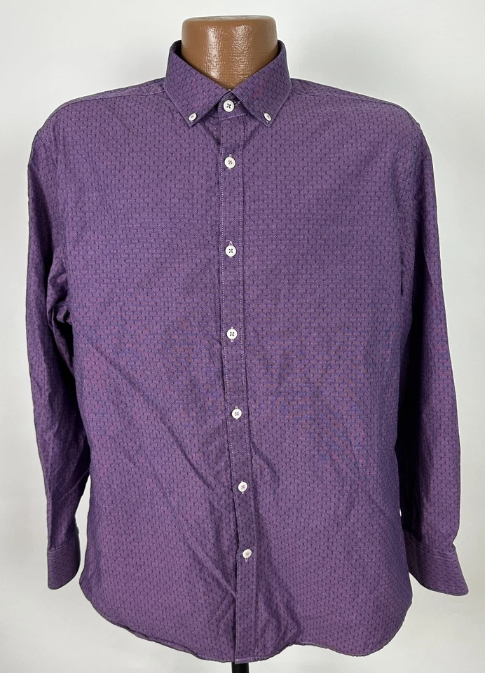 Penguin Heritage Slim Fit Dress Shirt Men 16 32-33 L Jacquard Diamonds Pink Navy - Image 2 of 4