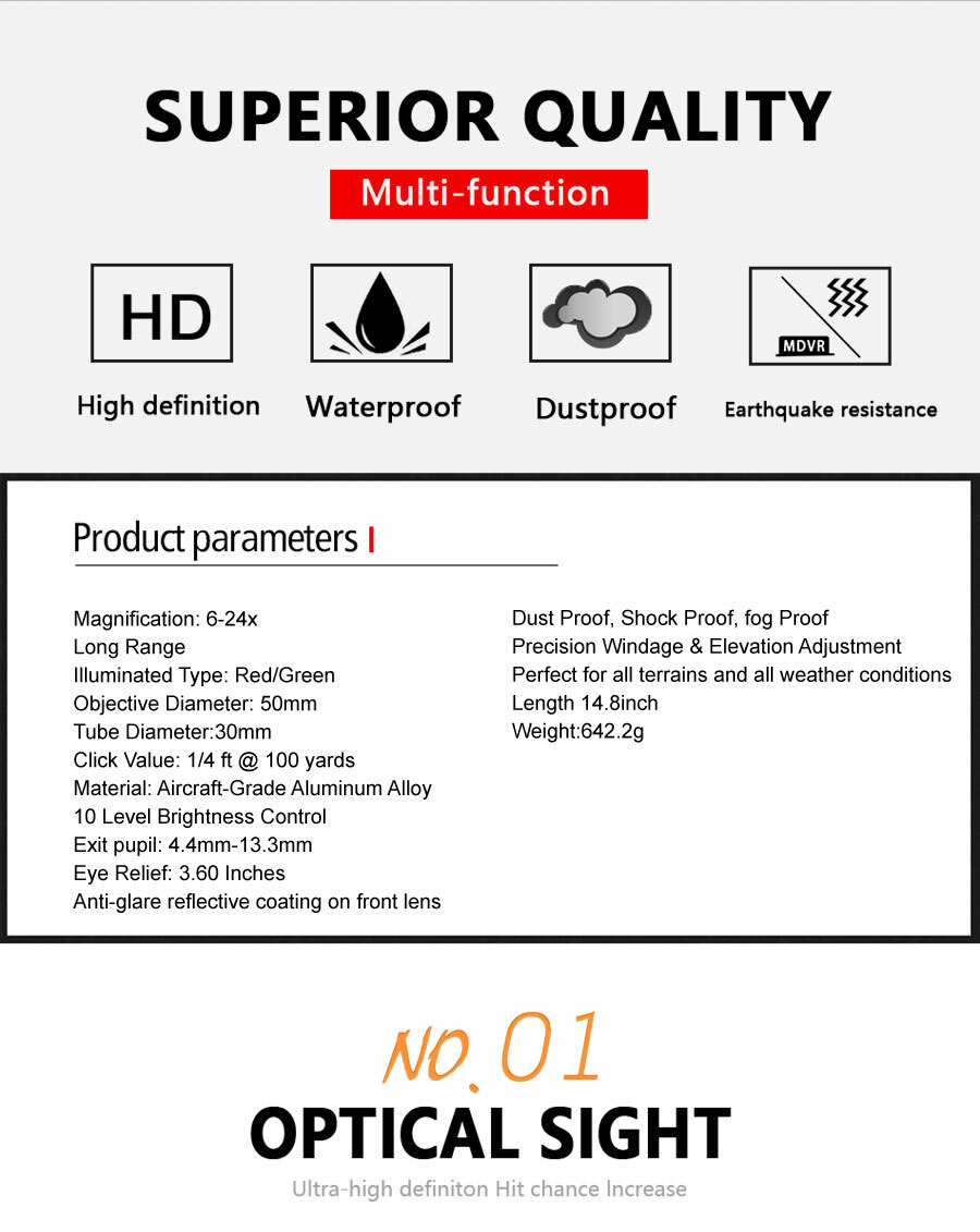 624X50 M1 Hunting Rifle Scope Red and Green Dot Fiber Reticle Optics