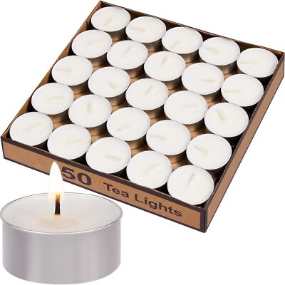 Tea Light Candles Bulk 50 Pack 4 hours Burn White Unscented Smokeless Tealights