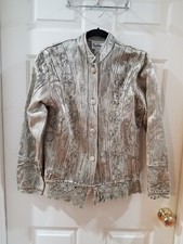 Vintage Embroidered Metallic-sheen Khaki Flashback Blazer Jacket Button-up Small