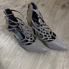 Fioni Closed Toe Silver Sparkle Heels Sz 5 Zipper 3  Heel Buckle Strap Holiday