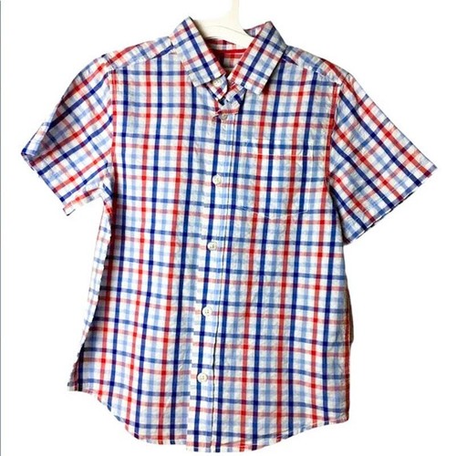 Cat & Jack Button Down Shirt Boys M 8 10 Red Blue Plaid Gingham Americana NWT