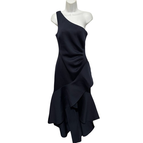 Eliza J NWT One Shoulder Gathered Pleat Side Cascading Ruffle Gown 8 Navy Formal - Picture 4 of 11