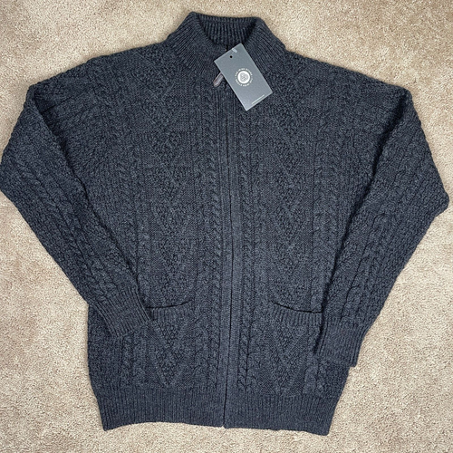 The Irish Store Sweater Women L Gray Cable Knit Zip Cardigan Wool Sweater NWT