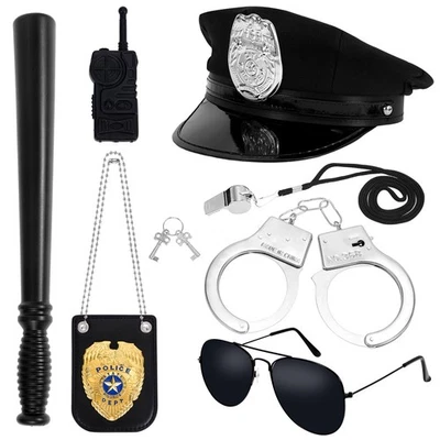 7 Pièces Accessoires Deguisement Policier Enfant, Menottes Casquette Police B... - Photo 1/4