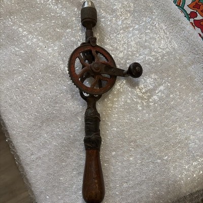 Vintage Wood Handle Hand Drill 12  W/Old Primitive Repair On Handle Adds To Look