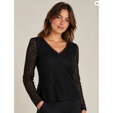 Black Lace Long Sleeve V Neck Blouse Women's Small