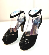 Vtg 40s Black Suede Studded Rhinestone Peep Toe Ankle Strap Platform Heels Sz 8